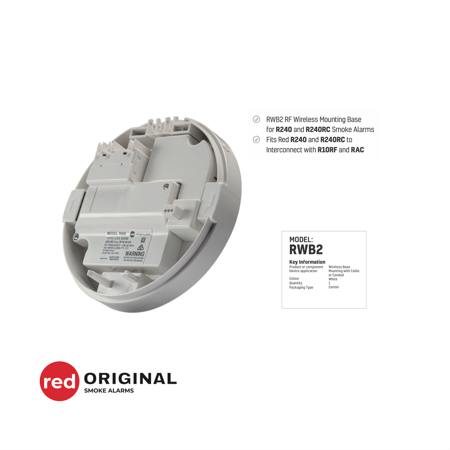 Wireless Smoke Alarm Base (240V Powered with 10 Year Lithium Ion backup)